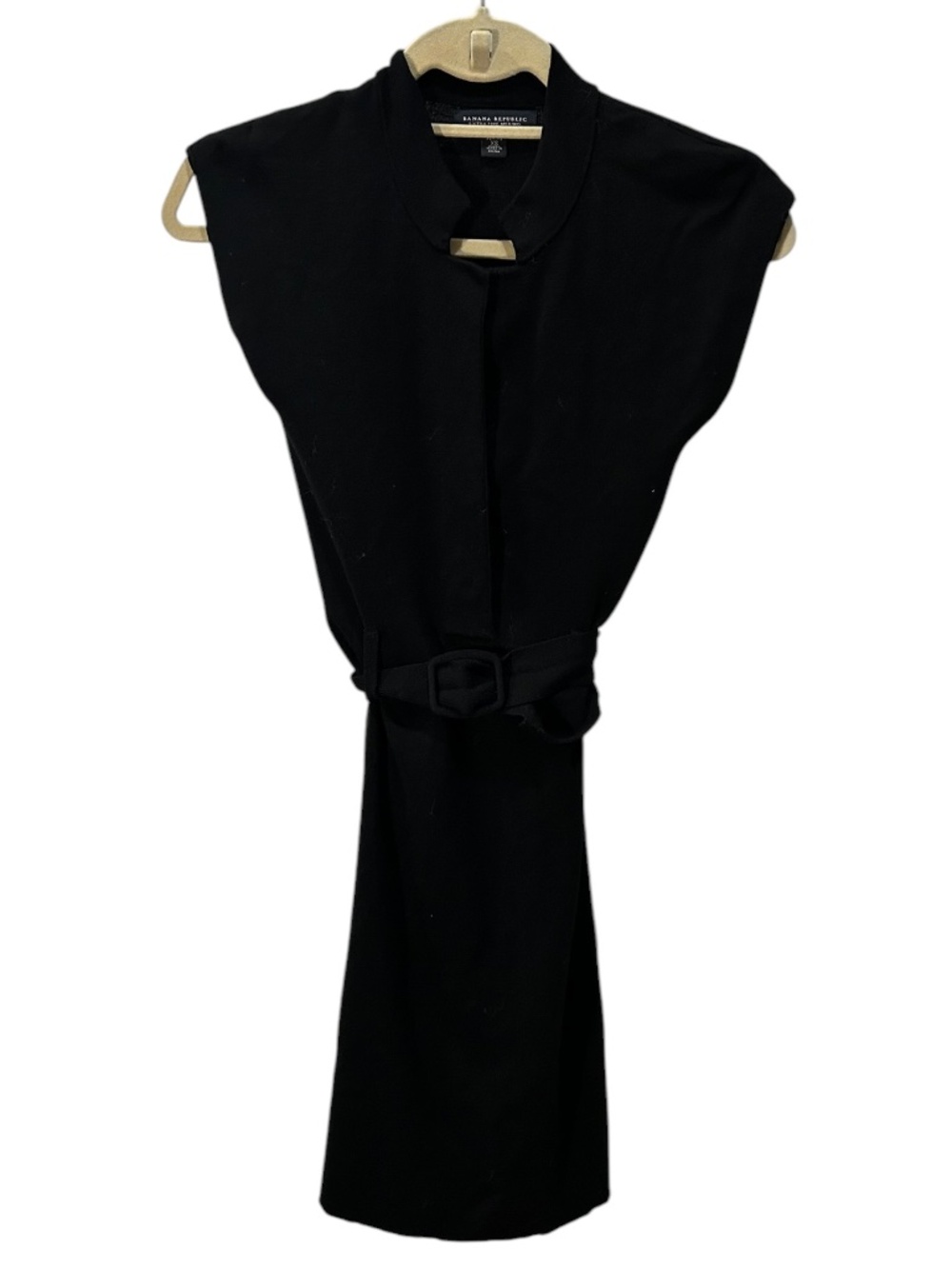 Banana Republic black merino wool collarless cap sleeve self tying belt dress XS